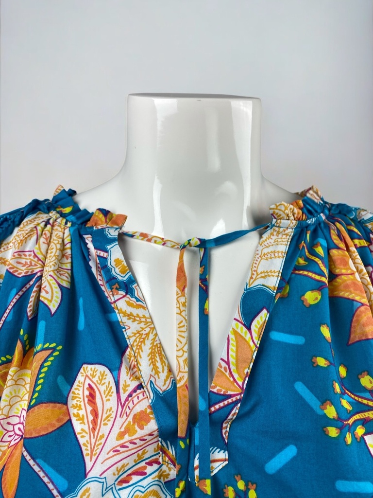 BLUSA CORTA, MANGA LARGA, ESTAMPADO DE FLORES, ELASTICO EN CUELLO