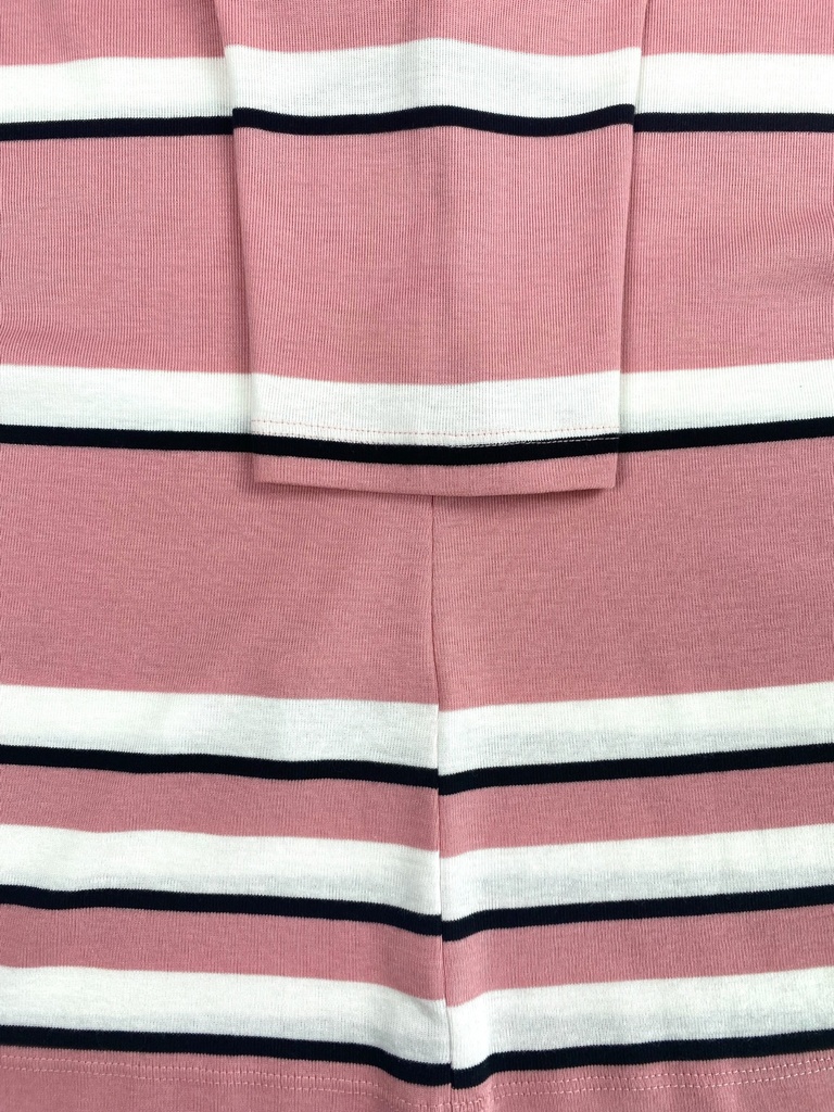 BLUSA CORTA, MANGA 3/4, LISA, TEXTURA RAYAS ROSA, BLANCO, NEGRO 