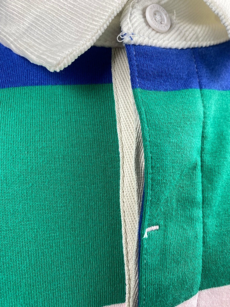PLAYERA, MANGA CORTA, FRANJAS VERDE, ROSA, AZUL, BOTONES EN CUELLO.