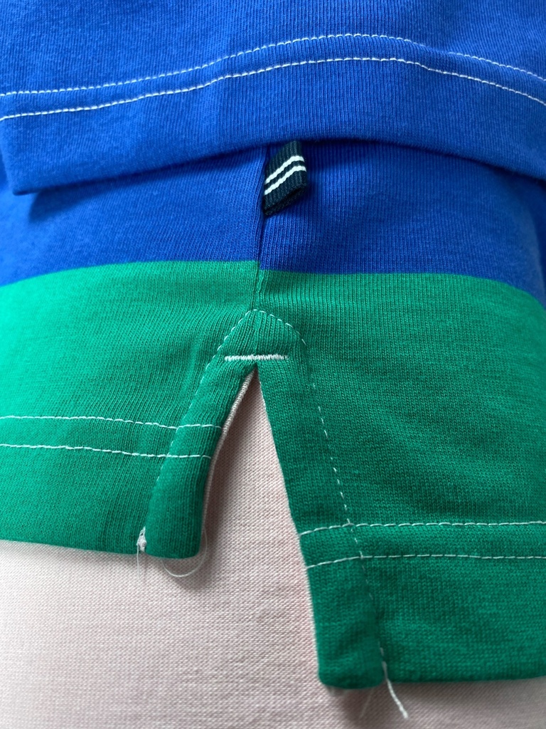 PLAYERA, MANGA CORTA, FRANJAS VERDE, ROSA, AZUL, BOTONES EN CUELLO.
