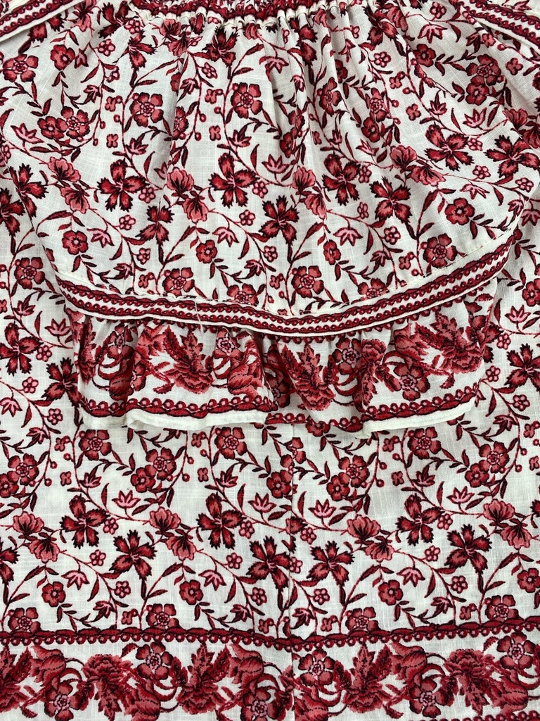 BLUSA CORTA, MANGA CORTA, OLANES EN MANGAS,  ESTAMPADO FLORES ROJAS, CUELLO ELASTICO RENDONDO