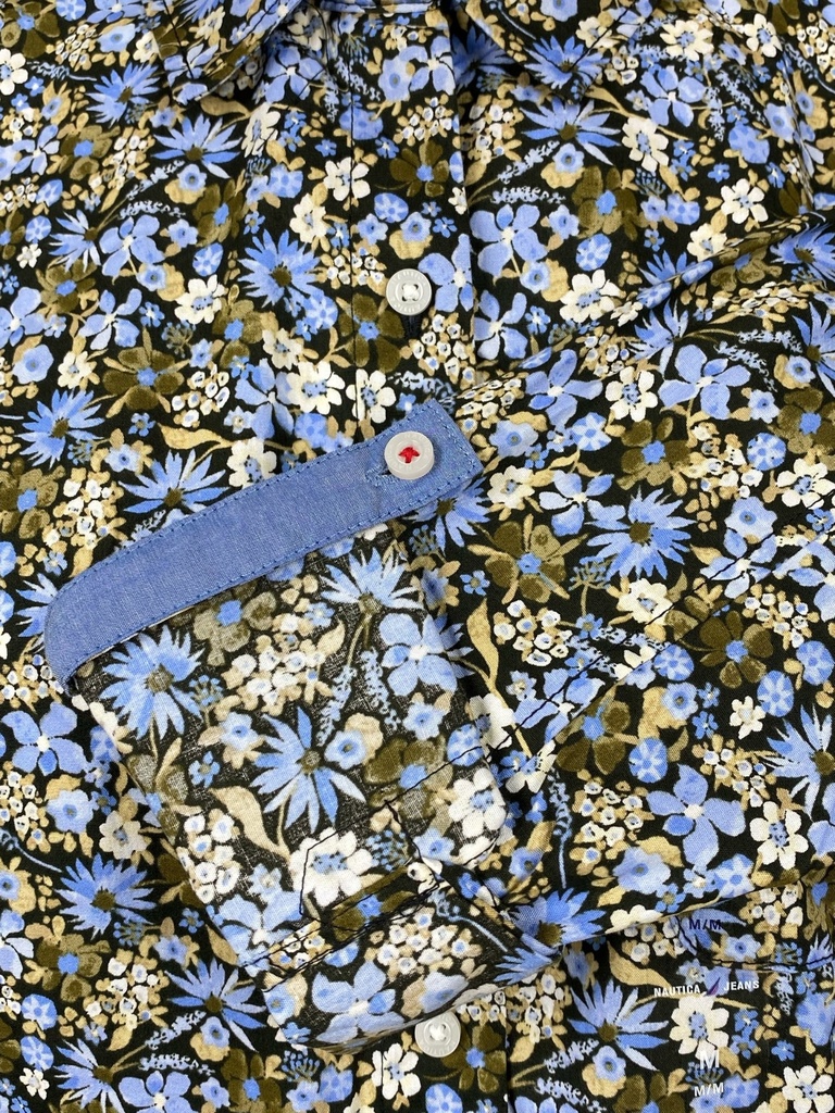 BLUSA ESTAMPADA CON FLORES AZULES Y VERDE OLIVA 