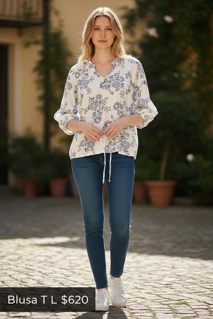 BLUSA ESTAMPADA FLORES AZUL Y BLANCO