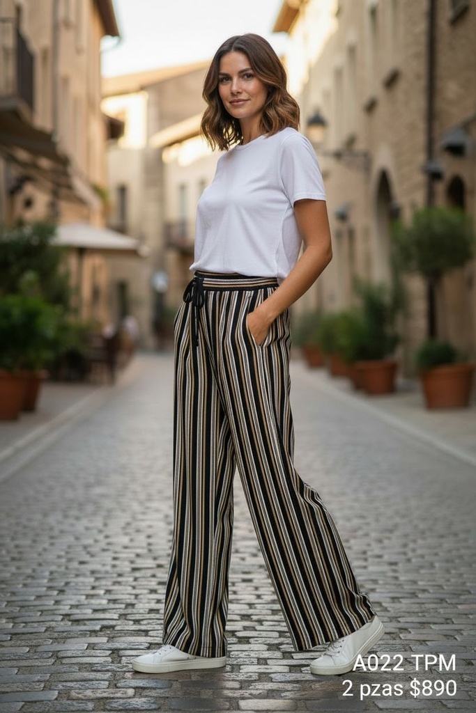 PANTALON RAYAS Y BEIGE LISO 2 PIEZAS