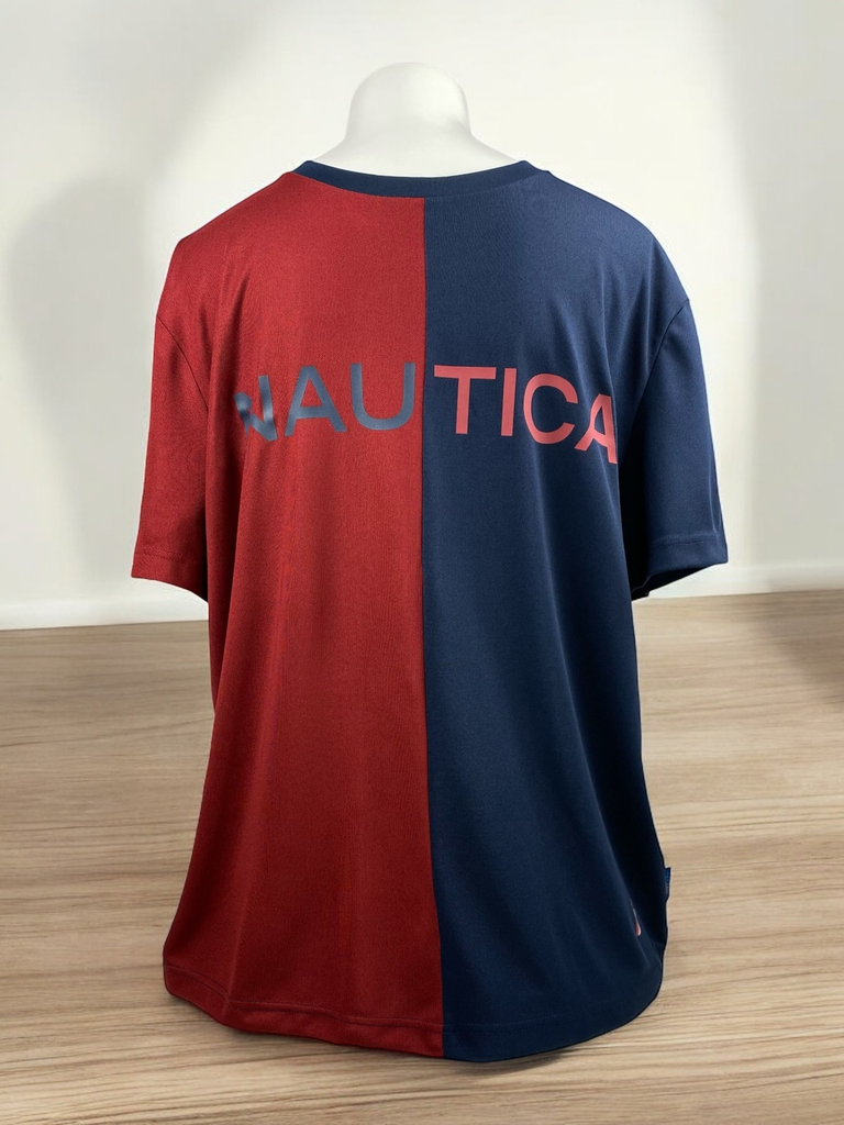 PLAYERA MANGA CORTA, FRANJAS VERTICAL COLOR VINO Y AZUL