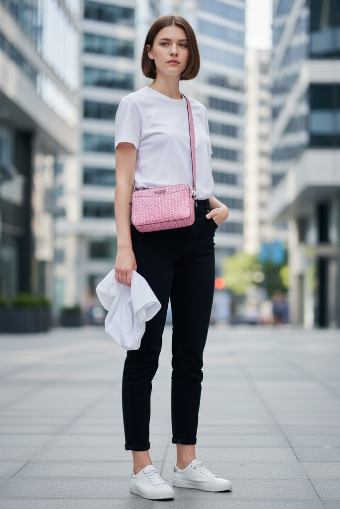 BOLSA CON CORREA Y CIERRE COLOR ROSA