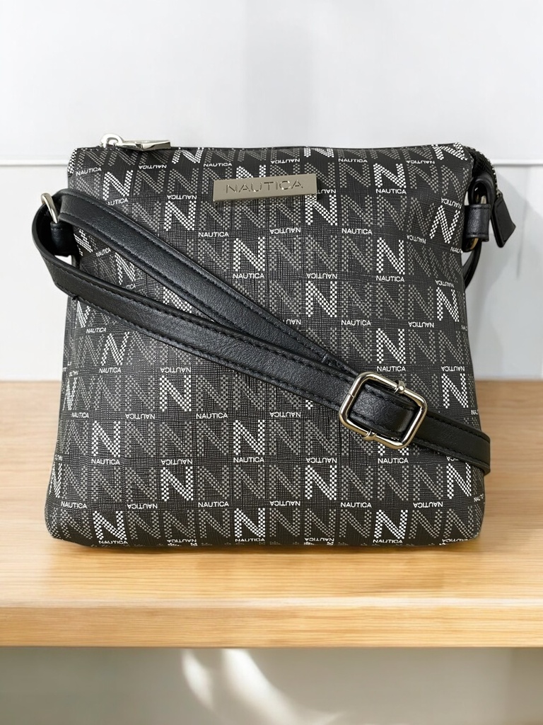 BOLSA NEGRA CON LOGOS GRIS Y BLANCO