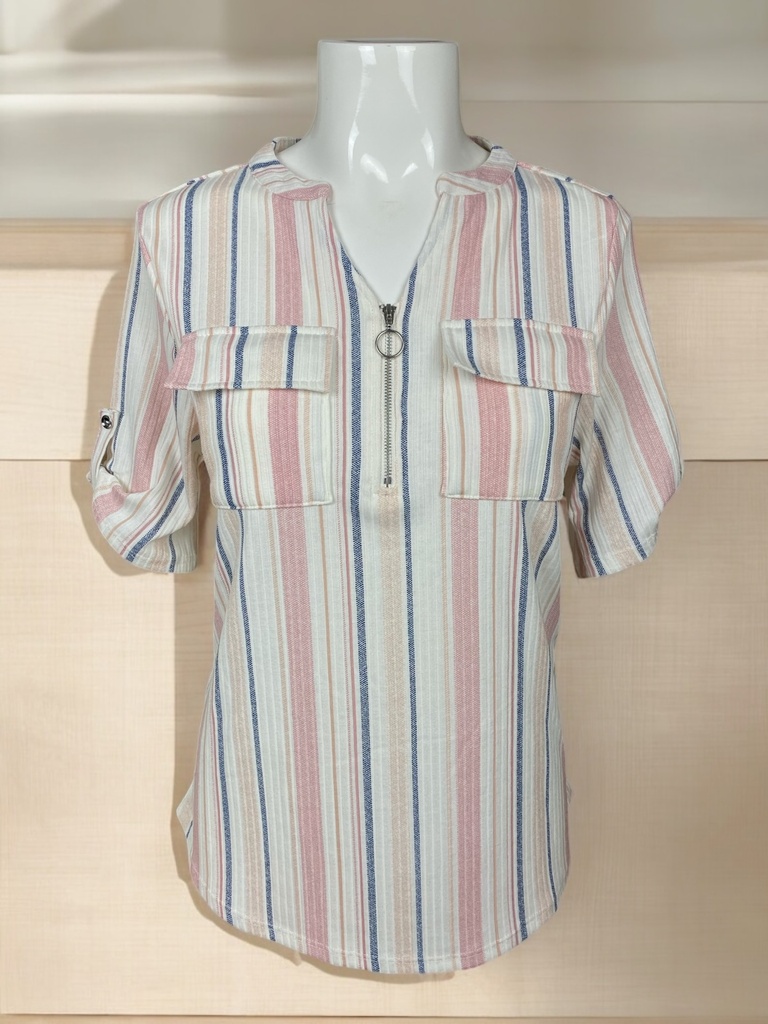 BLUSA BLANCA CON RAYAS AZUL Y ROSA MANGA CORTA Y CIERRRE