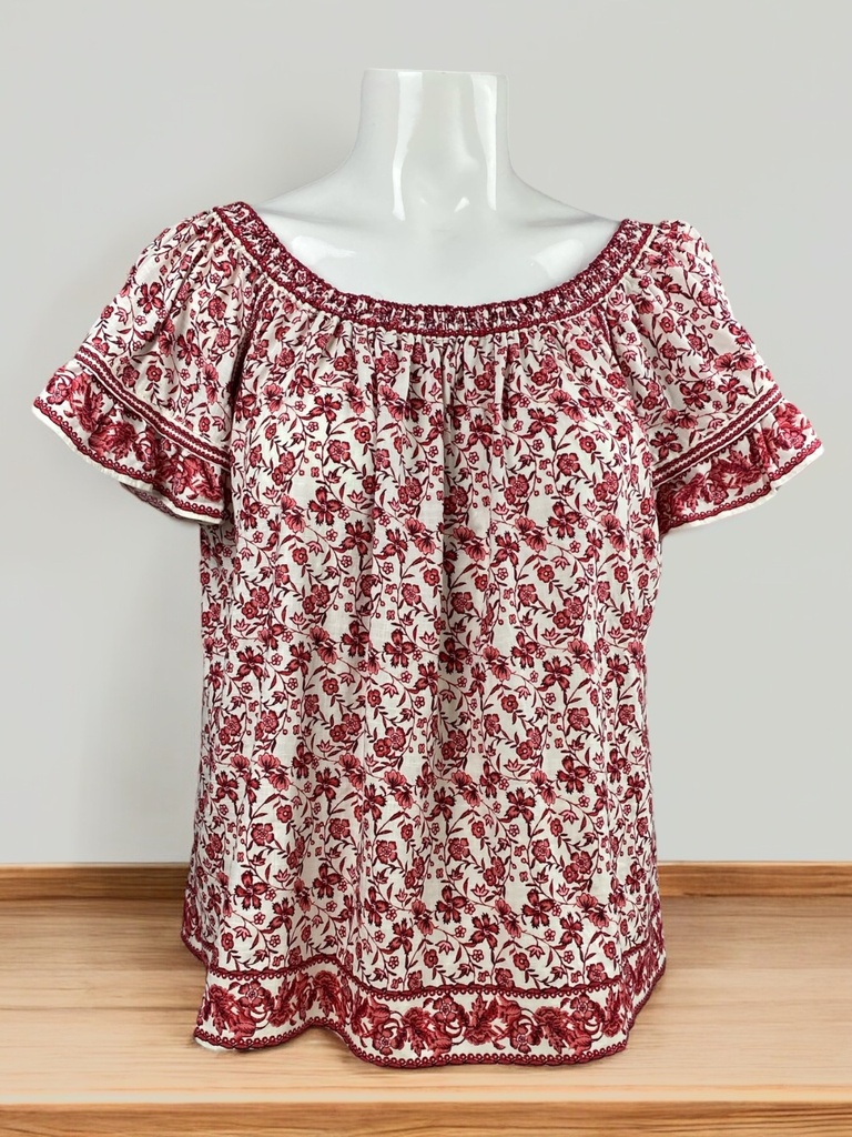 BLUSA CORTA, MANGA CORTA, OLANES EN MANGAS,  ESTAMPADO FLORES ROJAS