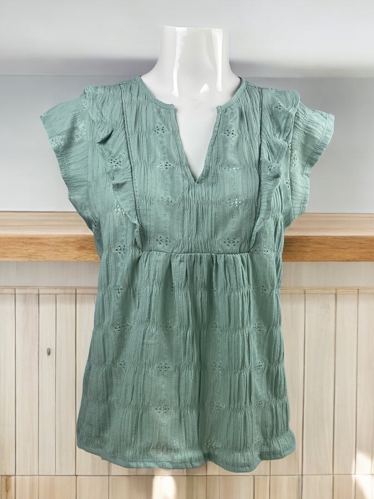 BLUSA OLIVO, SIN MANGAS, TEXTURA Y BORDADO DE LÍNEAS