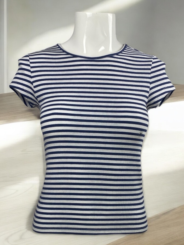 BLUSA CUELLO REDONDO, AZUL CON RAYAS