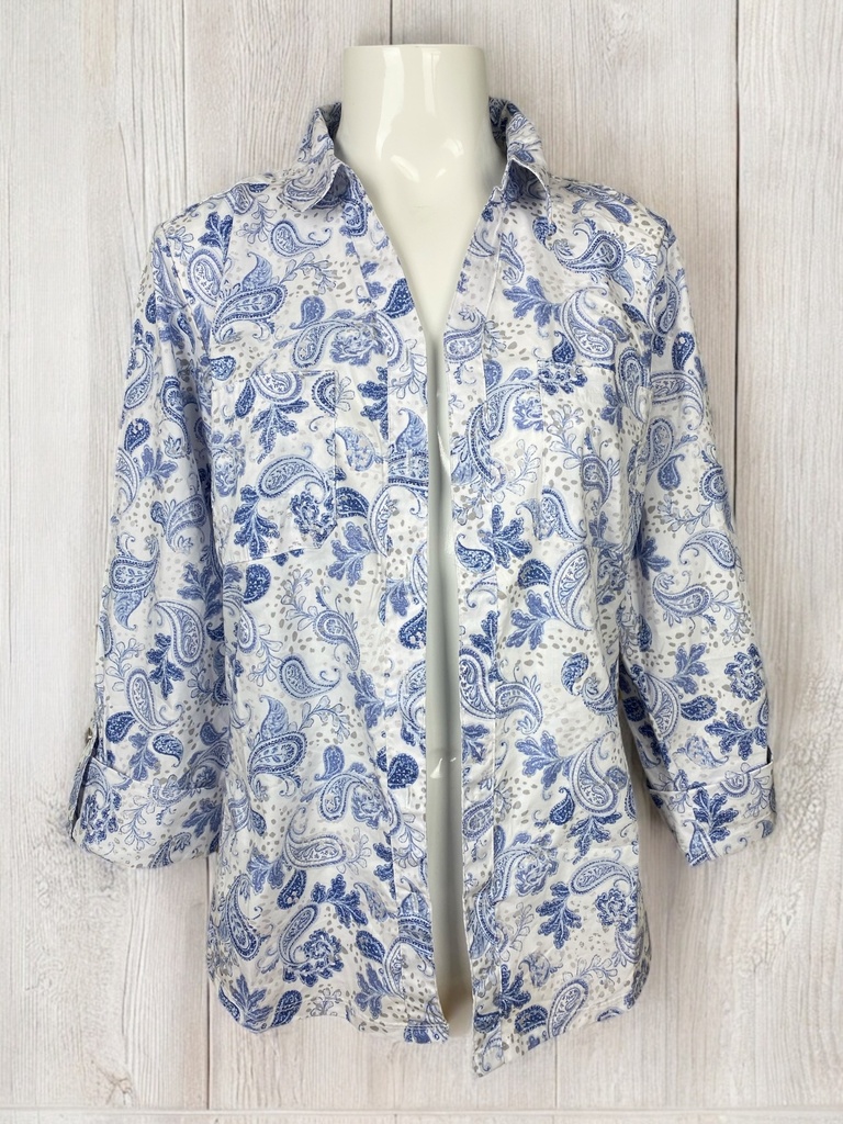 CAMISA BLANCA ESTAMPADA EN AZUL MANGA LARGA