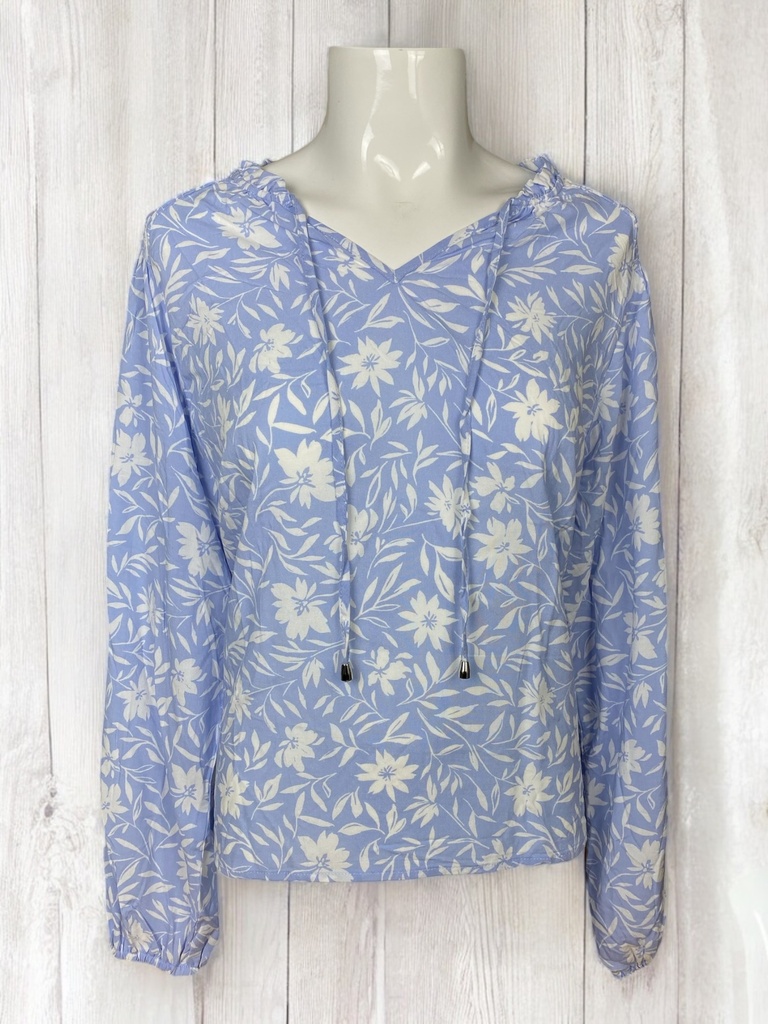BLUSA AZUL CLARO ESTAMPADO FLORES BLANCAS MANGA LARGA