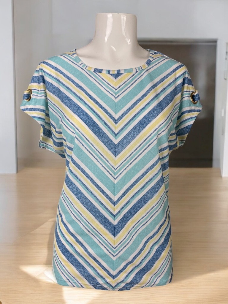 BLUSA RAYAS AZULES AQUA CON OJILLOS METALICOS