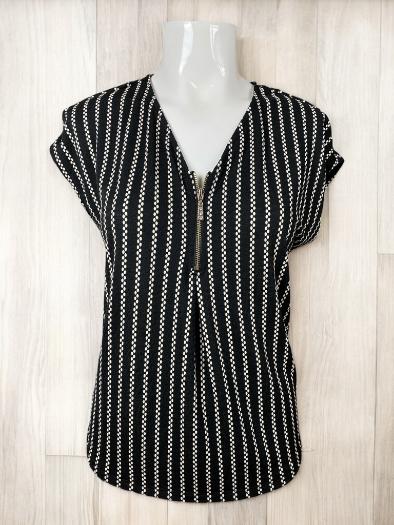 BLUSA NEGRA RAYADA SIN MANGAS CON DETALLE EN CIERRE