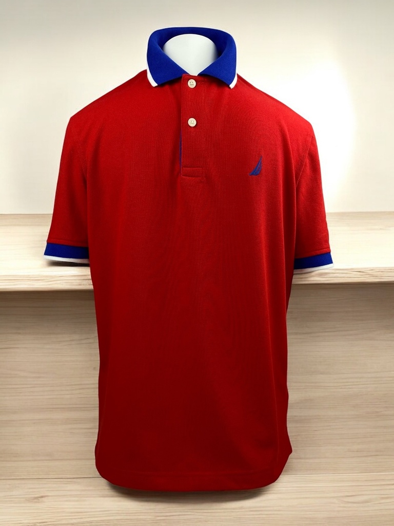 PLAYERA POLO ROJA CON CUELLO AZUL Y FRANJA BLANCA