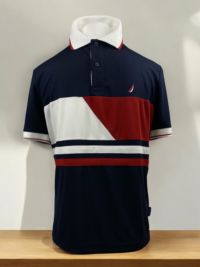 PLAYERA POLO AZUL CON CUELLO BLANCO Y LÍNEA ROJA