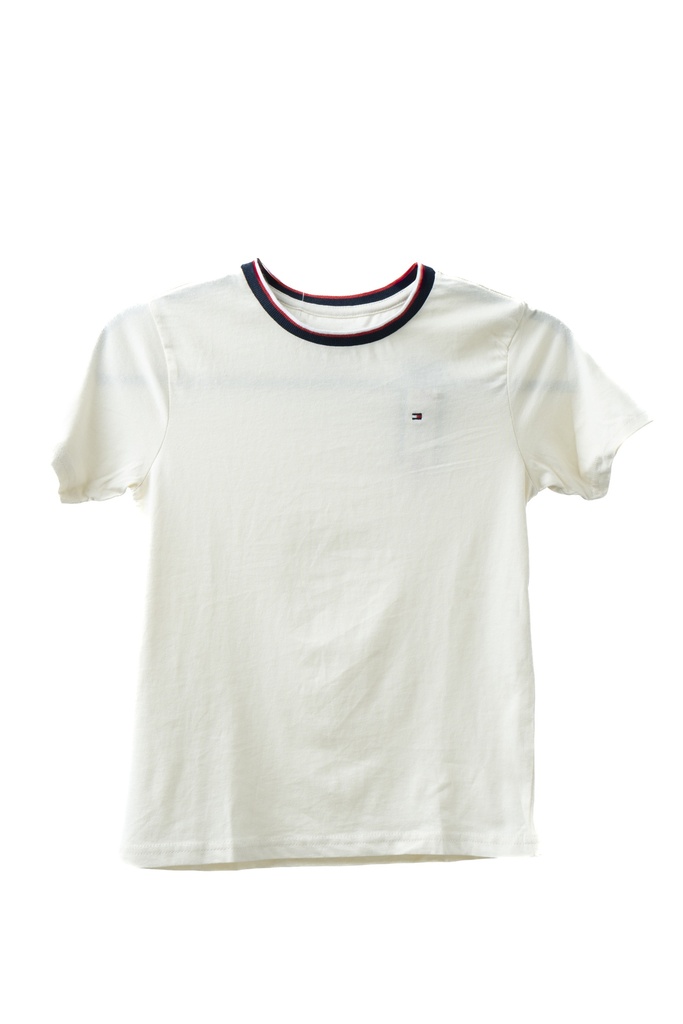 PLAYERA NIÑO, CREMA CUELLO AZUL Y BLANCO