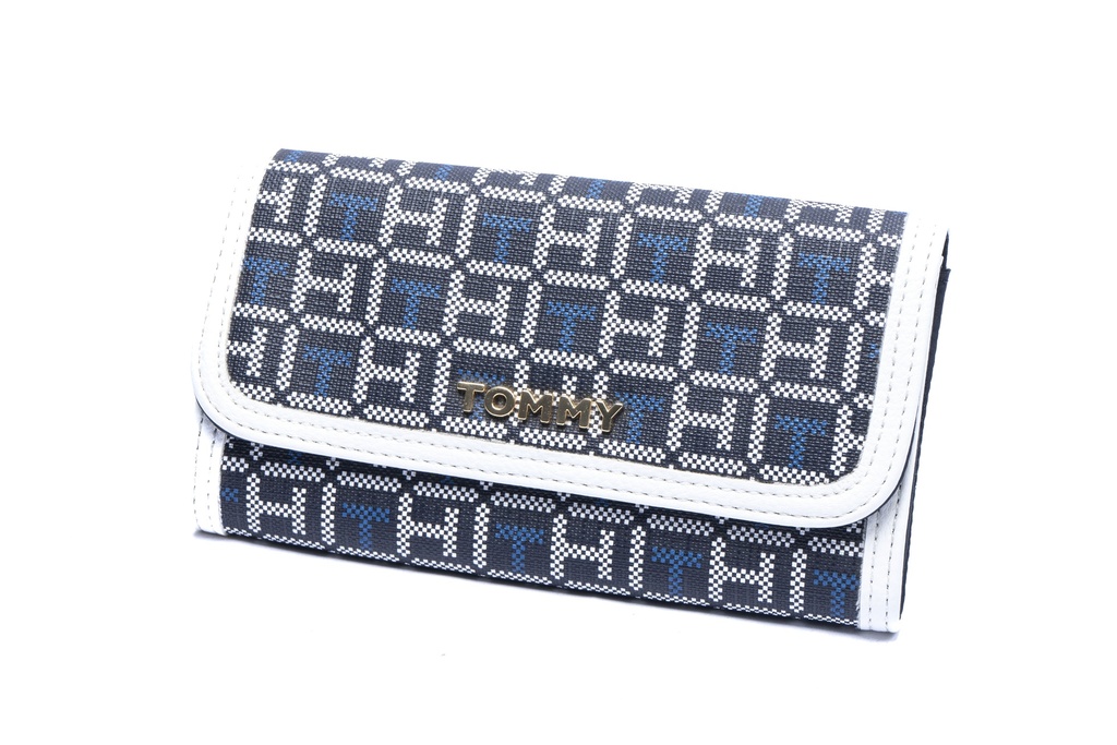 CARTERA AZUL CON BLANCO LOGO DORADO 