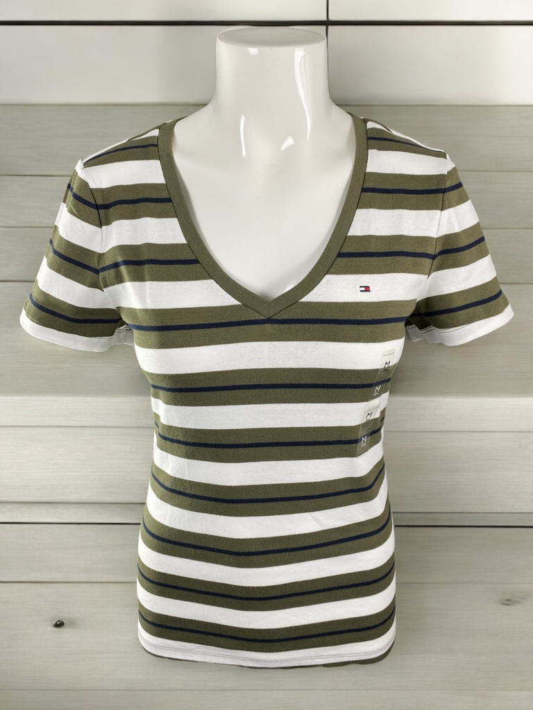 BLUSA VERDE OLIVO CON RAYAS NEGRAS CON BLANCO