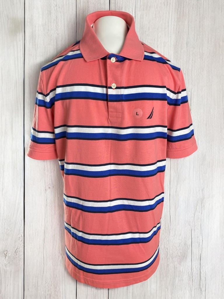 PLAYERA TIPO POLO ROSA CON RAYAS AZUL Y BLANCO