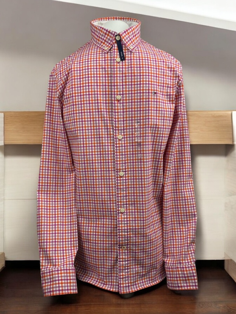 CAMISA CUADROS TONOS MAGENTA Y NARANJA 