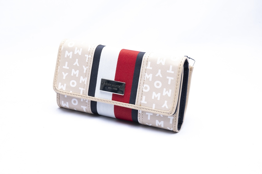 CARTERA BEIGE BLANCO Y ROJO MARCA Y PLACA