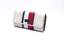 CARTERA BEIGE BLANCO Y ROJO MARCA Y PLACA