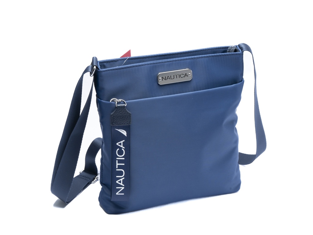 BOLSA AZUL CON CORREA Y MARCA EN METAL