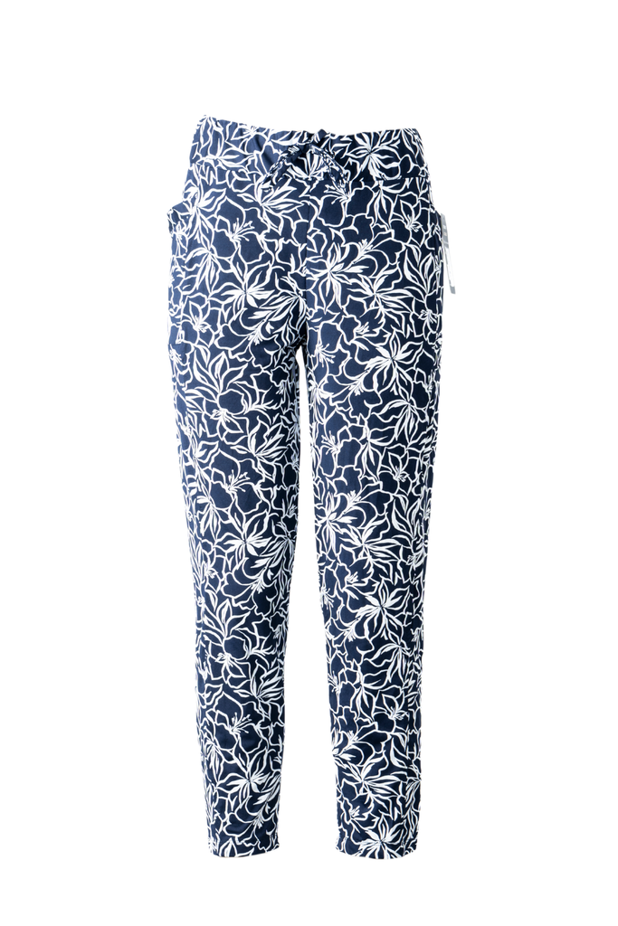 PANTALON TELA ESTAMPADA FLORES BLANCAS