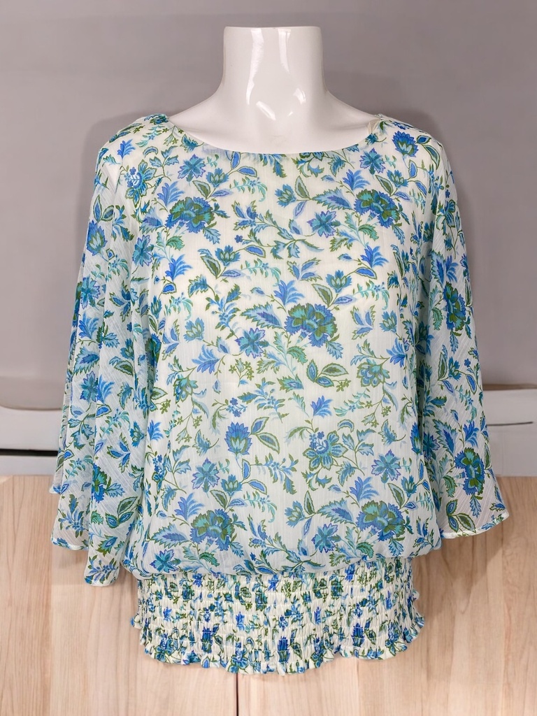 BLUSA BLANCA ESTAMPADO FLORES AZUL Y VERDE
